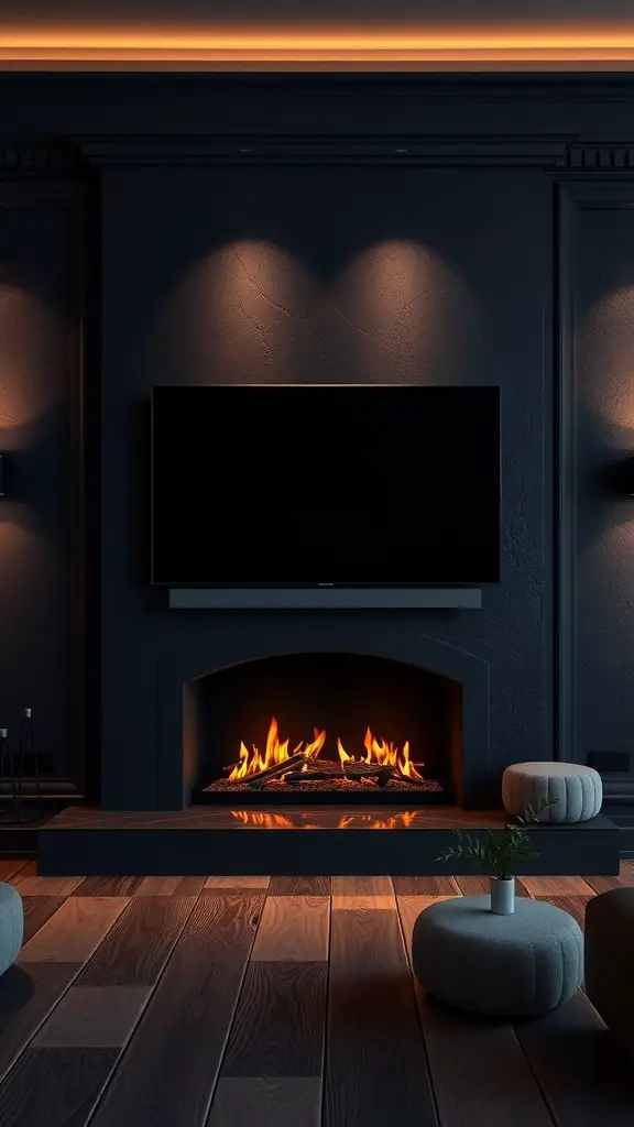 29+ Stunning TV Fireplace Wall Ideas You’ll Love 14 A sophisticated dark-toned fireplace wall with a modern design, featuring a sleek black fireplace and warm flames.