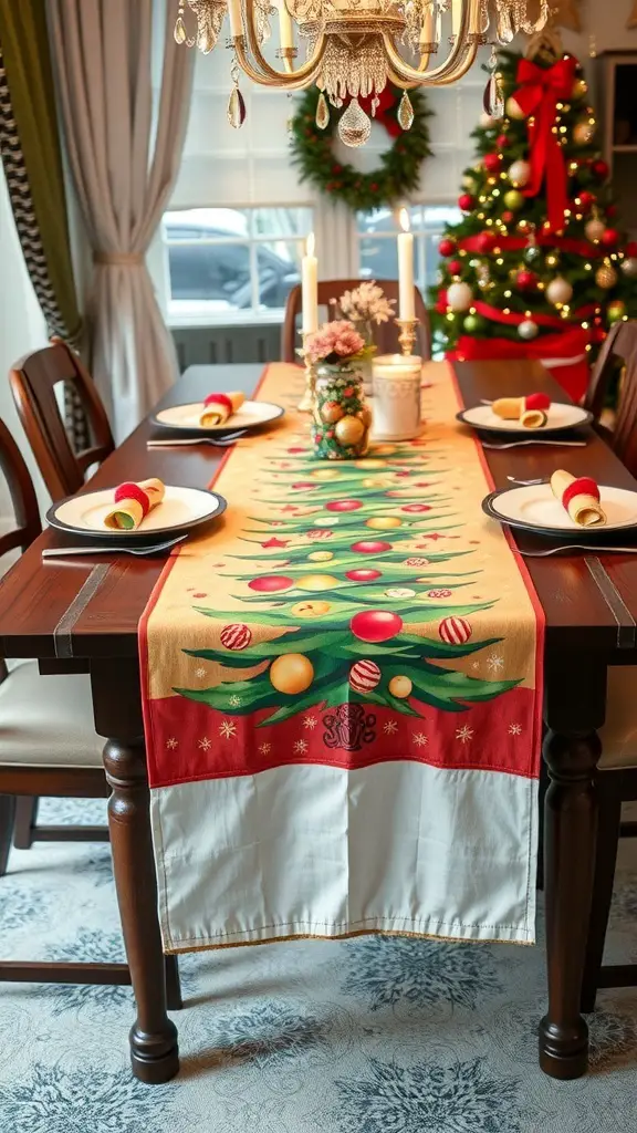 29+ Stunning Christmas Table Runner Ideas for a Festive Holiday Table 4 Christmas table runner with a tree motif, set on a dining table decorated for the holidays.