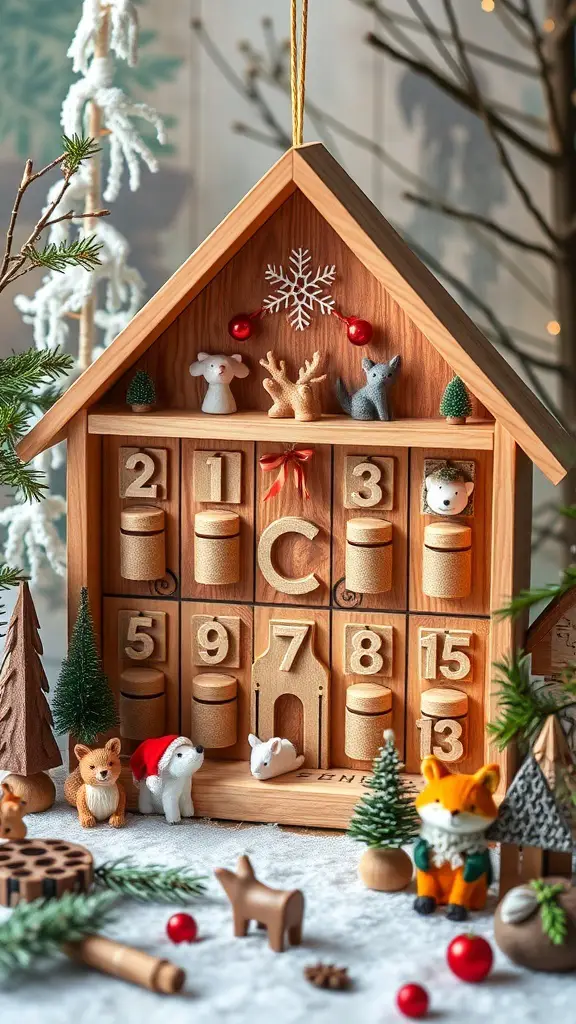 A wooden advent calendar designed like a house, featuring animal figures and a forest theme.