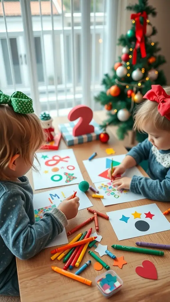 Two toddlers making Christmas cards at a table filled with colorful craft supplies.