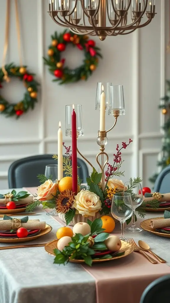 A beautifully set Christmas dinner table with artistic centerpieces featuring flowers, fruits, and candles.