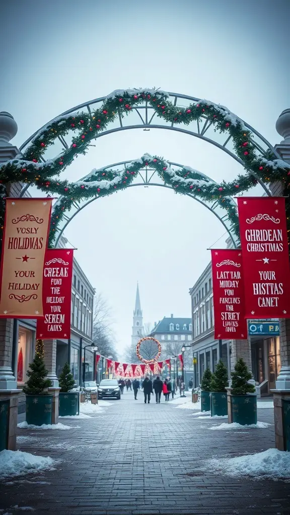 A festive Christmas archway decorated with greenery and holiday banners, leading to a snowy path.