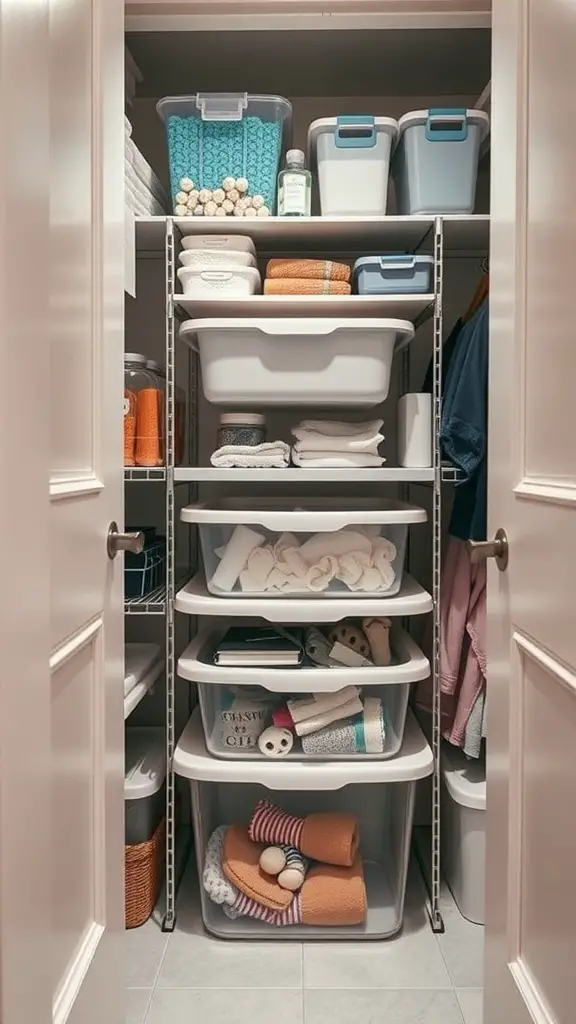 25+ Bathroom Closet Organization Ideas You’ll Love 9 Organized bathroom closet with stackable bins and neatly arranged towels and toiletries.