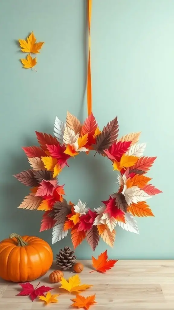 25+ Fun Thanksgiving Crafts for Toddlers to Create Together 15 A colorful turkey feather wreath made of paper leaves in autumn colors, hanging on a wall with a pumpkin and pinecones nearby.