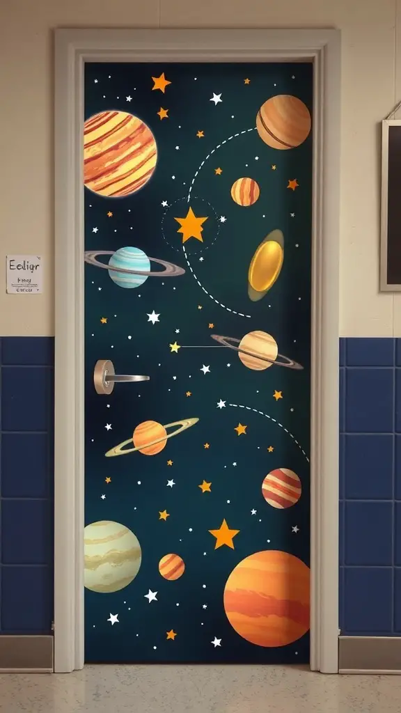 A classroom door decorated with planets and stars, representing science and space exploration.