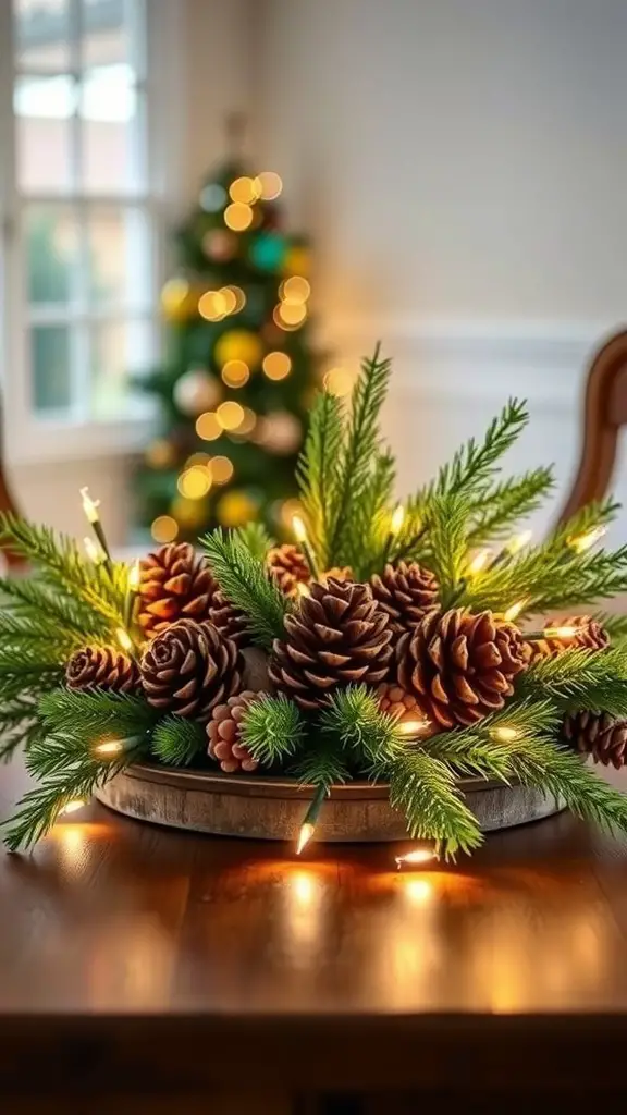 A rustic centerpiece featuring pinecones and greenery, with a softly lit Christmas tree in the background.