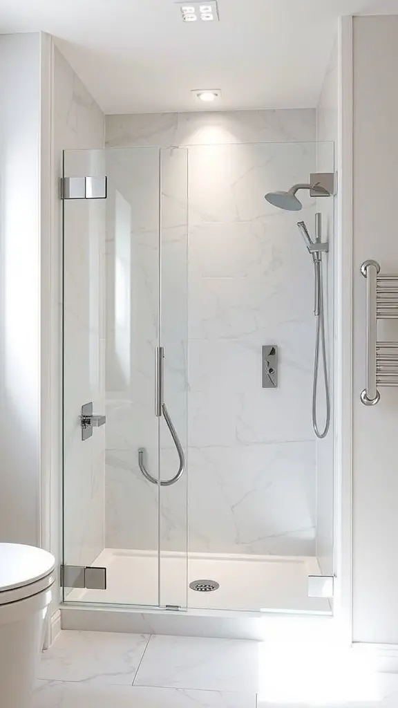 25+ Inspiring Small Walk-In Shower Ideas to Maximize Your Space 8 A modern frameless shower door in a small bathroom with marble walls and a sleek design.