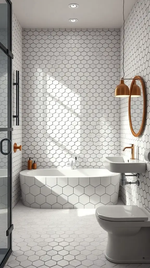 A modern bathroom featuring hexagonal tiles on the walls and floor, with a freestanding bathtub, copper fixtures, and a round mirror.