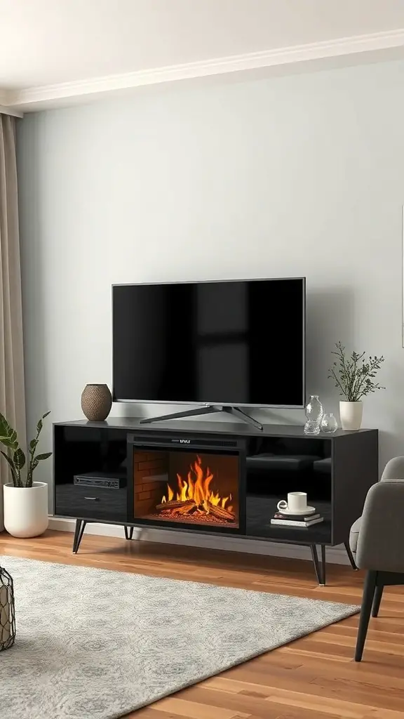 29+ Stylish Electric Fireplace Ideas to Transform Your Home 3 A modern electric fireplace integrated into a media console, featuring a glowing flame and a television above.