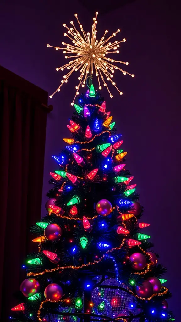 23+ Stunning Christmas Tree Topper Ideas to Inspire Your Holiday Decor 3 A Christmas tree topped with a star made of lights, surrounded by colorful ornaments and fairy lights.