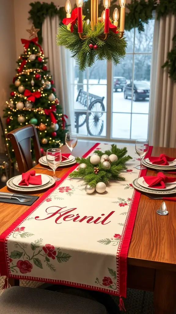 29+ Stunning Christmas Table Runner Ideas for a Festive Holiday Table 16 A Christmas table setting featuring a personalized family name runner with floral designs.