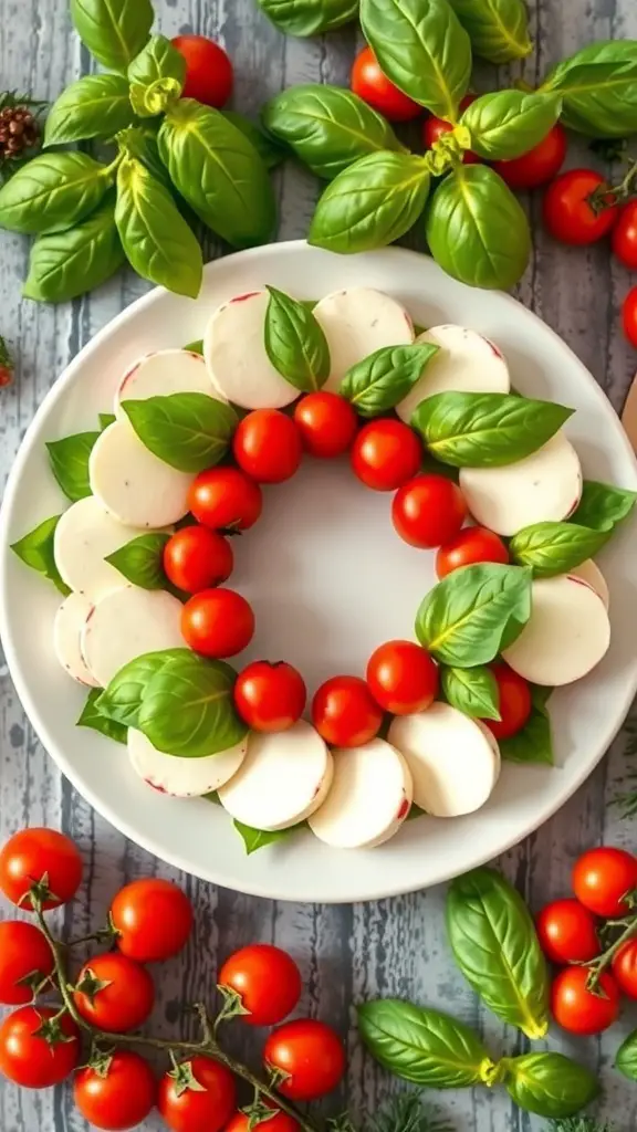 Caprese Salad arranged in a wreath shape with mozzarella, cherry tomatoes, and basil leaves