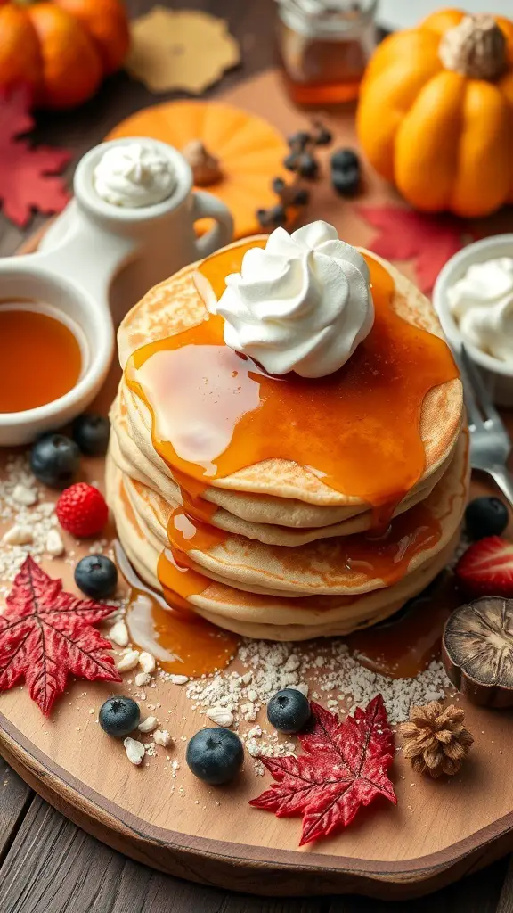 A Thanksgiving breakfast board featuring stacked pancakes with syrup and whipped cream, surrounded by fresh berries and autumn leaves.