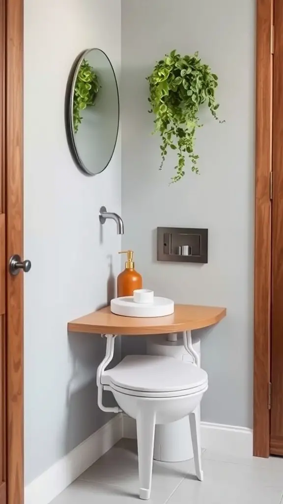27+ Chic Bathroom Stool Styling Ideas to Elevate Your Space 12 A minimalist floating stool with wooden legs mounted on a wall in a bathroom setting.