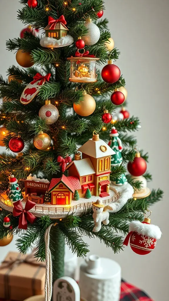25+ Creative Nightmare Before Christmas Tree Ideas for Holiday Magic 3 A Christmas tree decorated with a holiday town village scene, featuring miniature houses, ornaments, and lights.