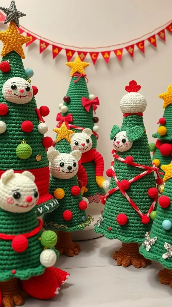 29+ Stunning Crochet Christmas Tree Ideas to Brighten Your Holiday Decor 3 A collection of colorful amigurumi Christmas trees with cute faces and decorations.