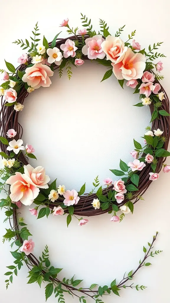 A floral grapevine wreath decorated with pink and white flowers, showcasing a natural grapevine base.