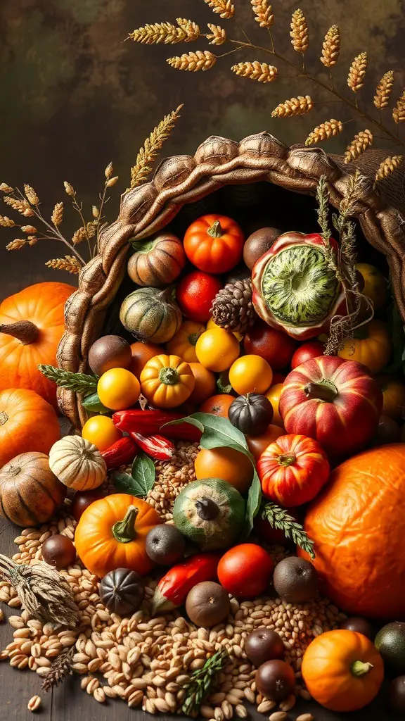 A cornucopia overflowing with colorful fruits and vegetables, symbolizing abundance for Thanksgiving.