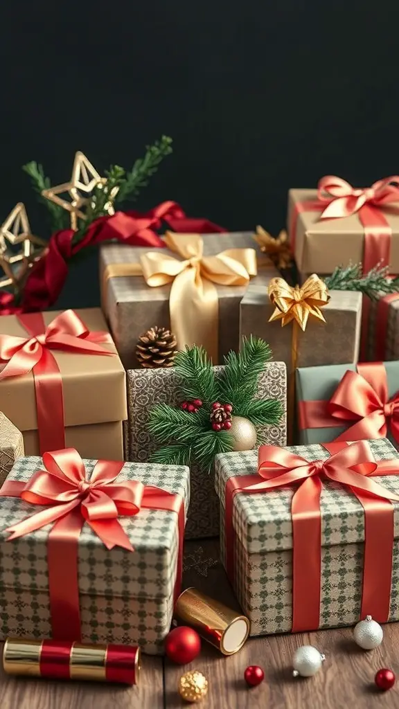 Stylishly wrapped Christmas gifts with ribbons and decorations