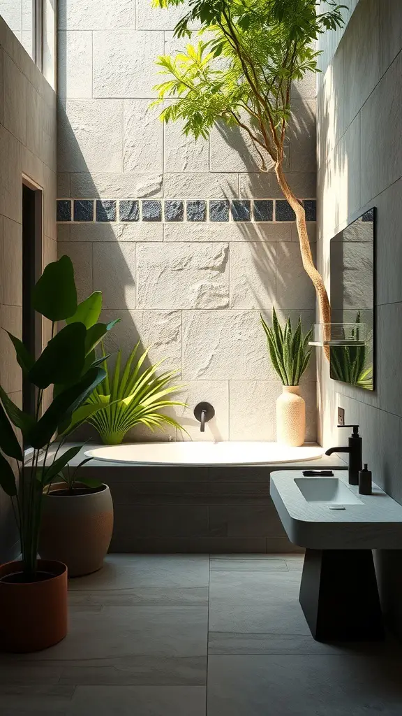 25+ Stunning Master Bath Ideas to Transform Your Space 12 A modern master bath with natural elements, featuring a soaking tub, plants, and stone tiles.