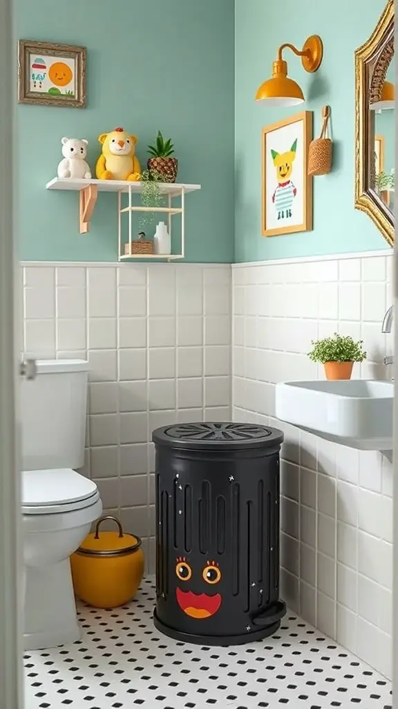 A quirky black trash can with a smiling face in a colorful bathroom setting.