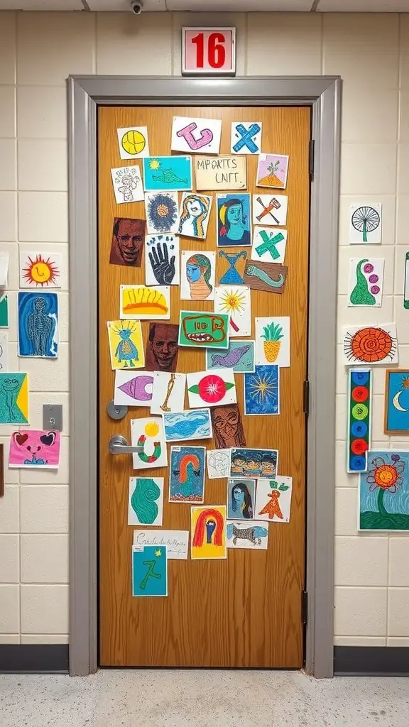 A classroom door decorated with various colorful student artworks.