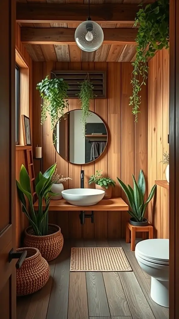 29+ Stunning Guest Bathroom Ideas to Elevate Your Space 8 A nature-inspired guest bathroom featuring wooden walls, hanging plants, and a sleek sink.