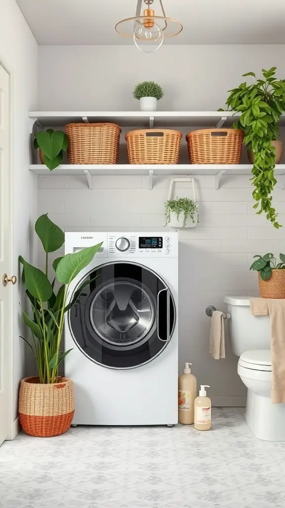 25+ Creative Bathroom Laundry Combo Ideas for Space-Saving Solutions 7 A stylish bathroom laundry combo featuring a washing machine, open shelving with baskets, and decorative plants.