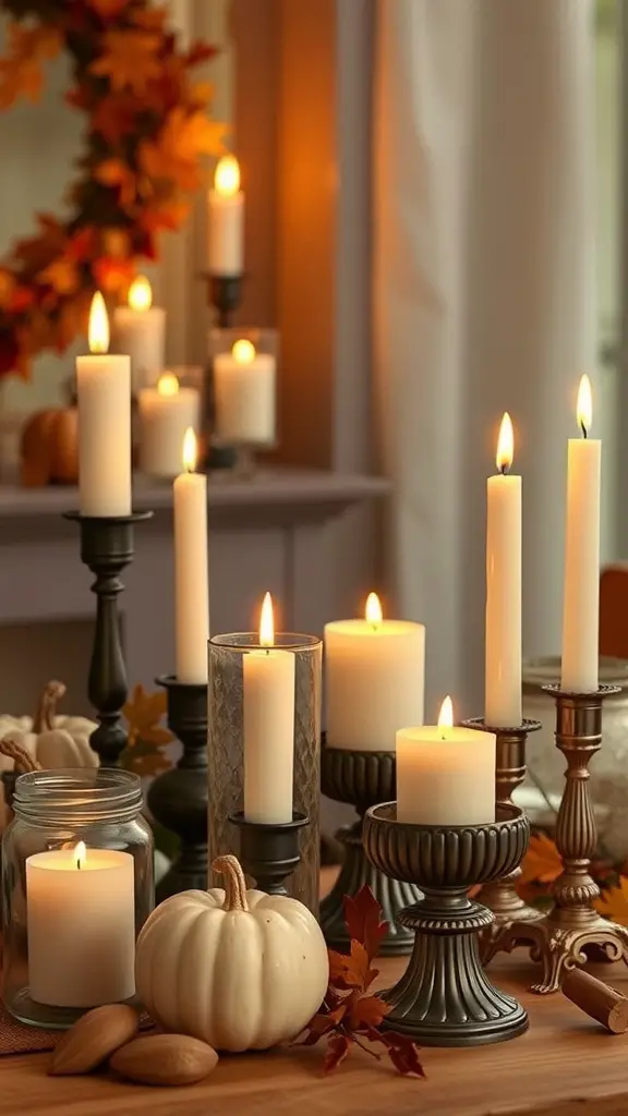 A cozy arrangement of classic Thanksgiving candles and holders with pumpkins and autumn leaves.