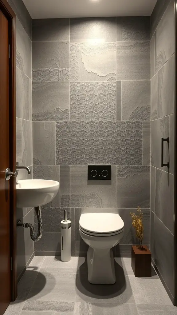 Small bathroom with textured gray wall panels, a toilet, and a sink