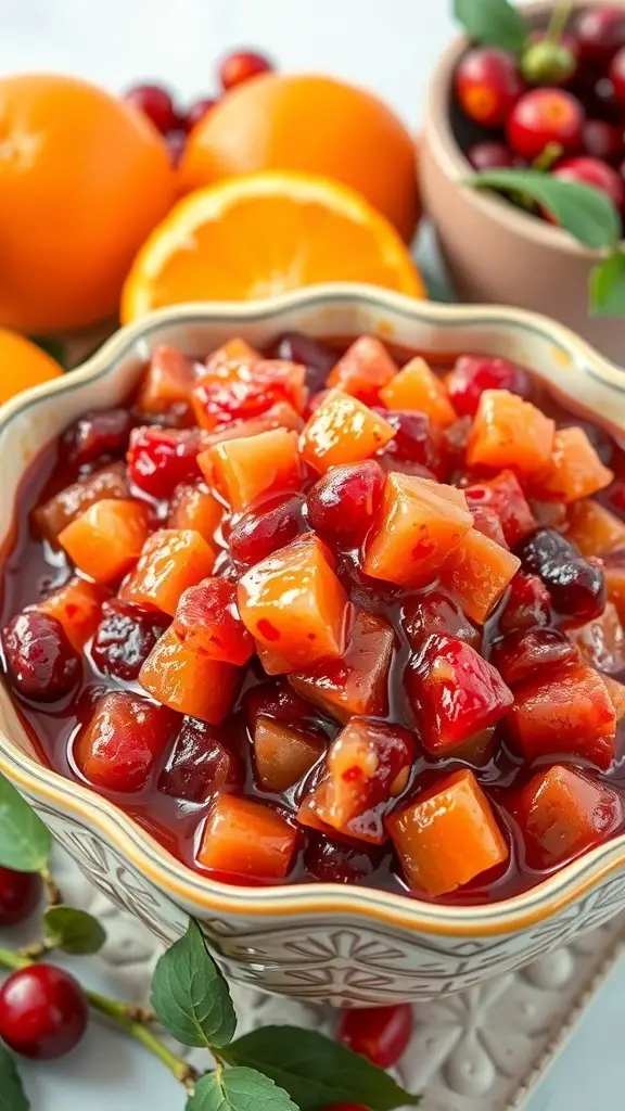27+ Must-Have Dishes for the Ultimate Thanksgiving Spread 6 A bowl of cranberry orange relish with fresh cranberries and oranges in the background.