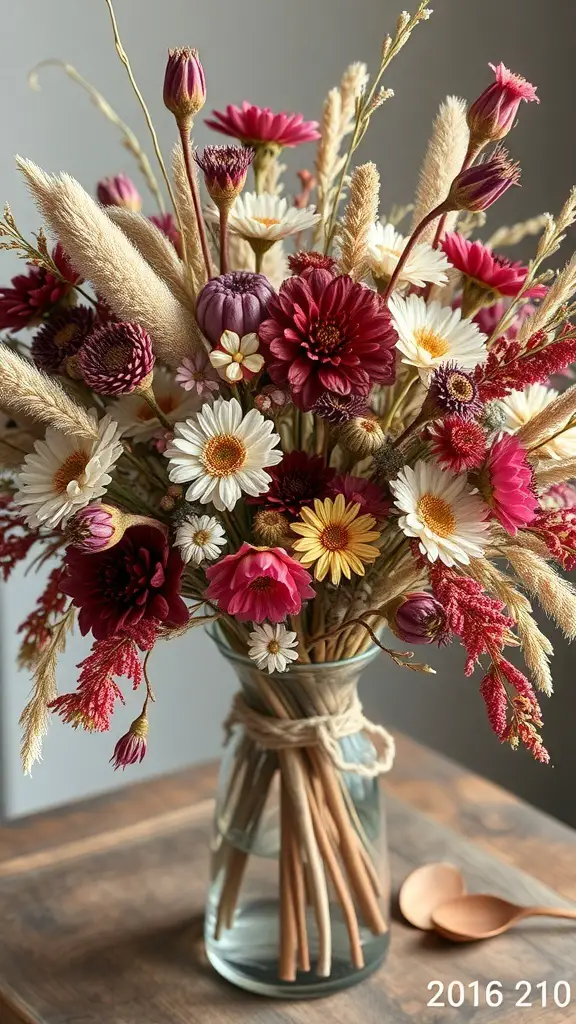 A vibrant dried flower arrangement featuring various colors and textures in a glass vase.