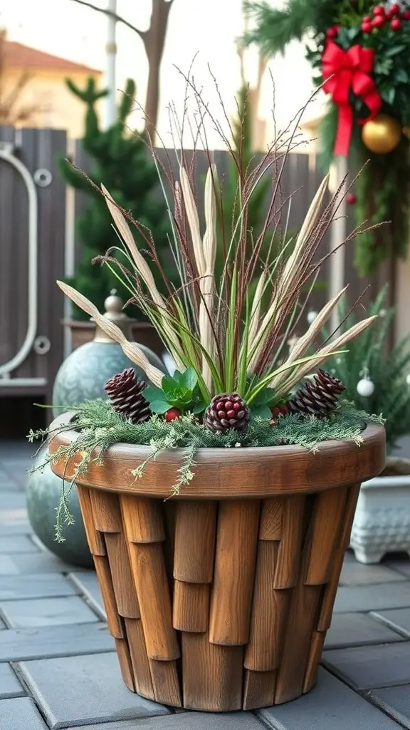 A wooden planter filled with seasonal greenery, pinecones, and decorative elements, set in an outdoor space.