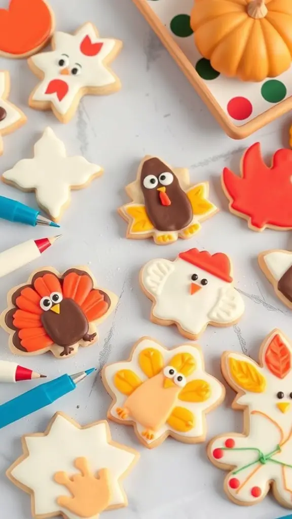 A variety of decorated Thanksgiving cookies including turkeys, leaves, and stars, with icing and decorating tools.