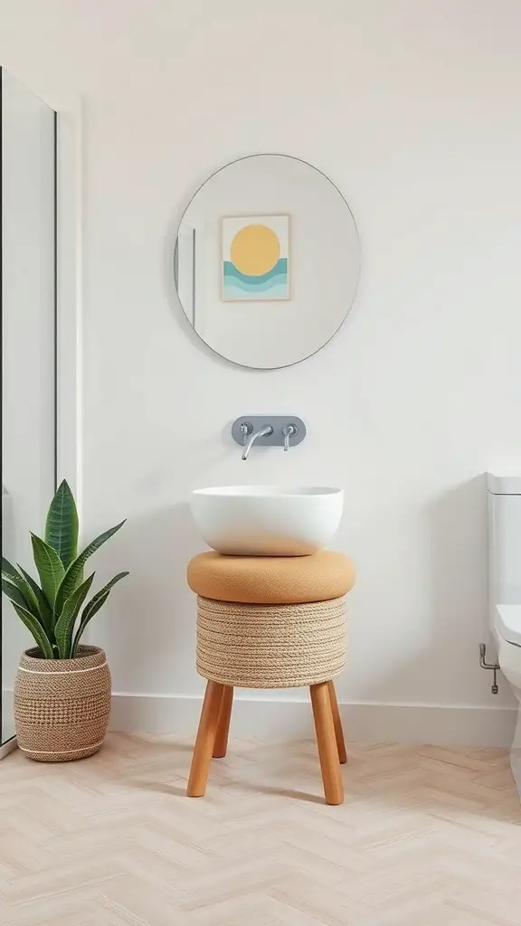 25+ Must-Try Minimalist Bathroom Organization Ideas 10 A minimalist bathroom featuring a multi-functional stool with a storage unit and a white basin.