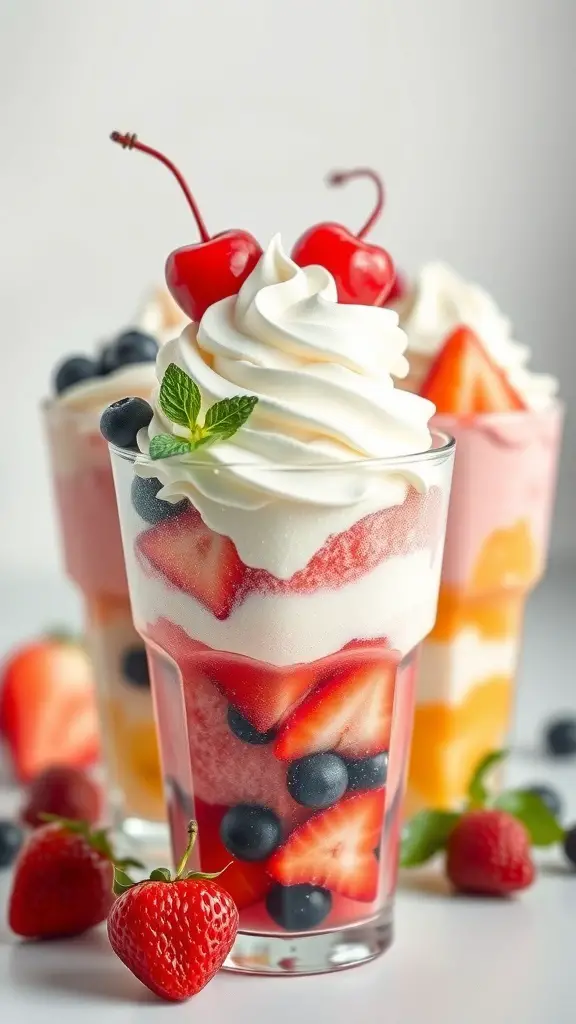 29+ Fun and Festive Christmas Snacks for Kids 16 Colorful fruit cups with strawberries, blueberries, whipped cream, and cherries on top