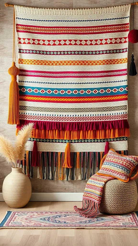 A colorful woven wall hanging with patterns and tassels, displayed in a cozy room setting.