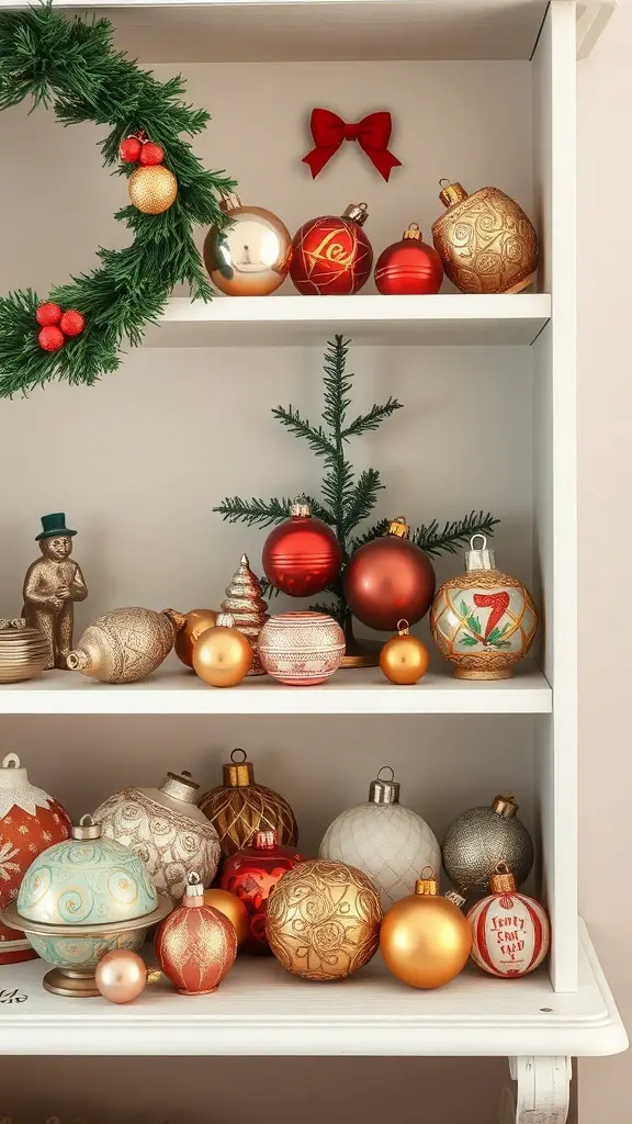 A display of vintage Christmas ornaments on a shelf, featuring various shapes and colors, along with a festive wreath.