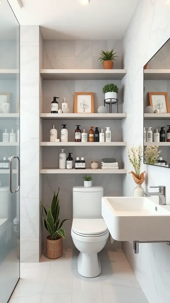 27+ Creative Bathroom Vanity Storage Ideas for an Organized Space 5 A modern bathroom featuring floating shelves above the toilet, displaying various toiletries and decorative items.