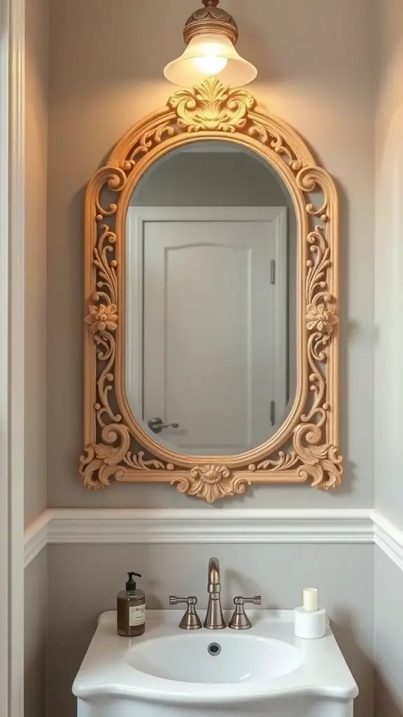 25+ Chic Half Bathroom Ideas to Refresh Your Space 10 An ornate mirror with intricate details in a half bathroom setting.