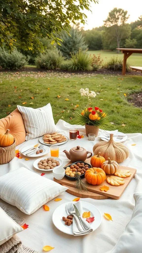 A cozy outdoor picnic setup for Thanksgiving with blankets, pillows, snacks, and pumpkins.