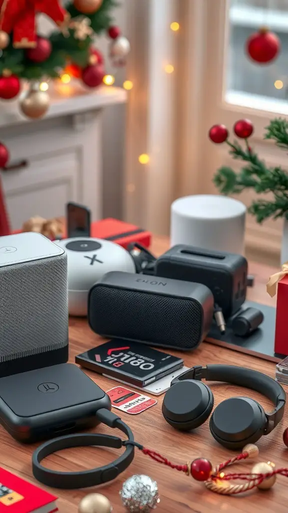 29+ Must-Have Christmas Wishlist Ideas for Everyone 5 A collection of tech gadgets including headphones, speakers, and accessories on a festive table.