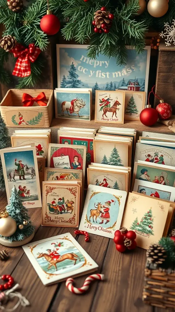 A collection of vintage-style Christmas cards displayed with festive decorations.