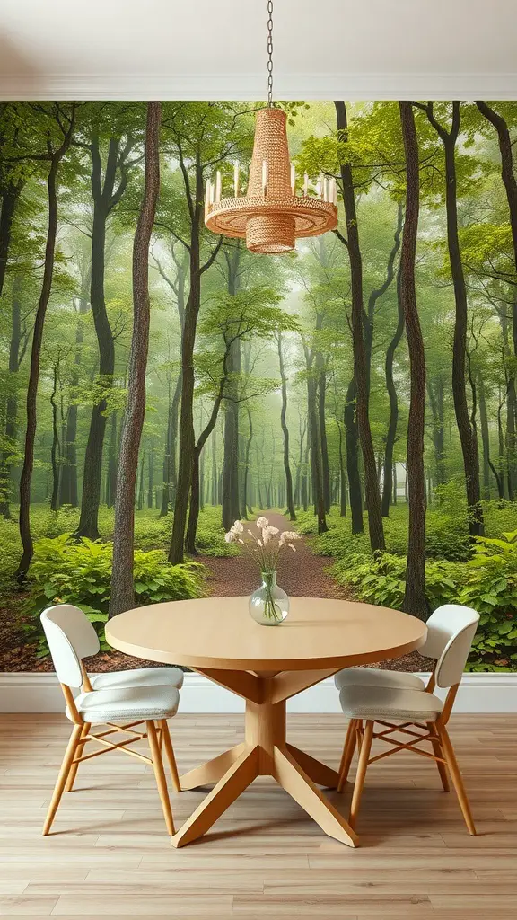 29+ Stunning Dining Room Wallpaper Ideas to Transform Your Space 9 A dining room with a nature-inspired mural featuring a forest scene, a round wooden table, and light-colored chairs.