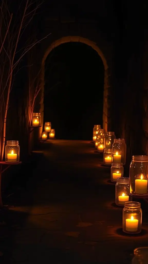 A dark path illuminated by candles in jars, with bare branches on the sides.