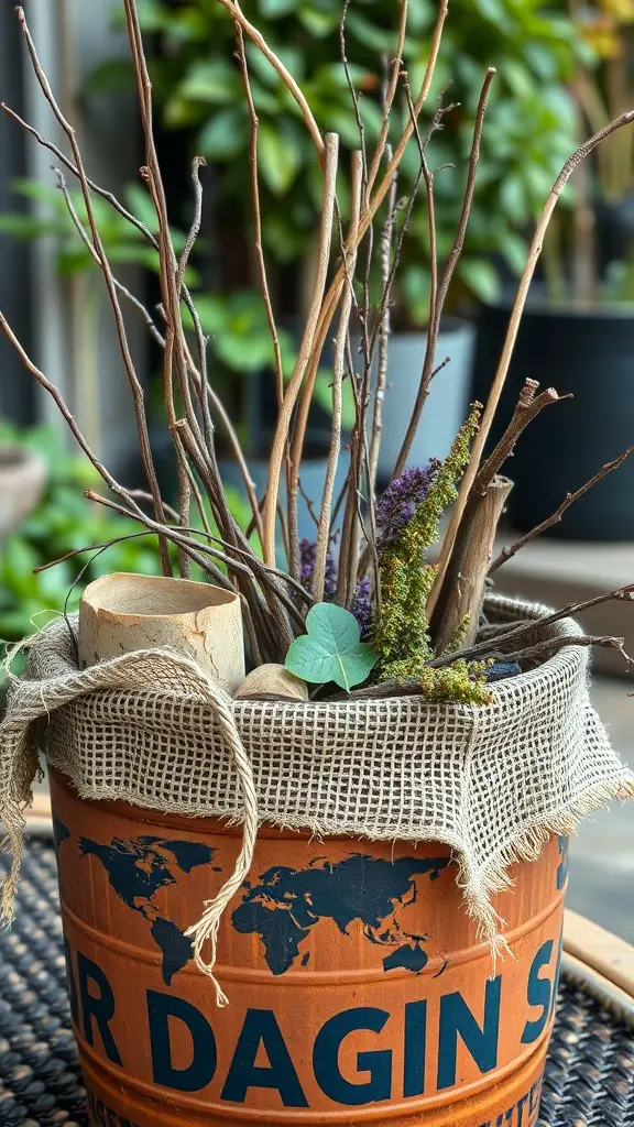 A rustic outdoor planter filled with twigs, moss, and stones, wrapped in burlap.