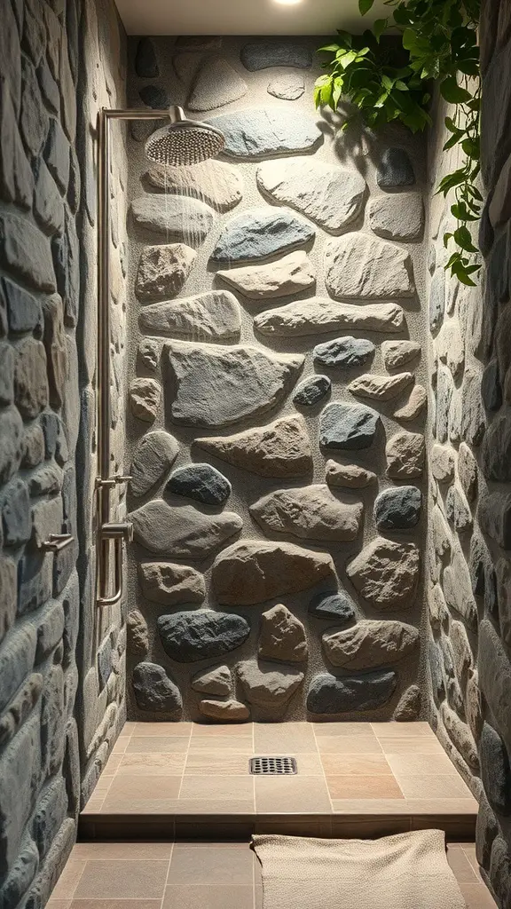 25+ Stunning Pony Wall Shower Ideas for Your Bathroom Remodel 9 A pony wall shower with stone walls and a plant, creating a nature-inspired look.