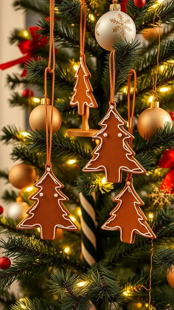 Miniature gingerbread tree ornaments hanging on a Christmas tree