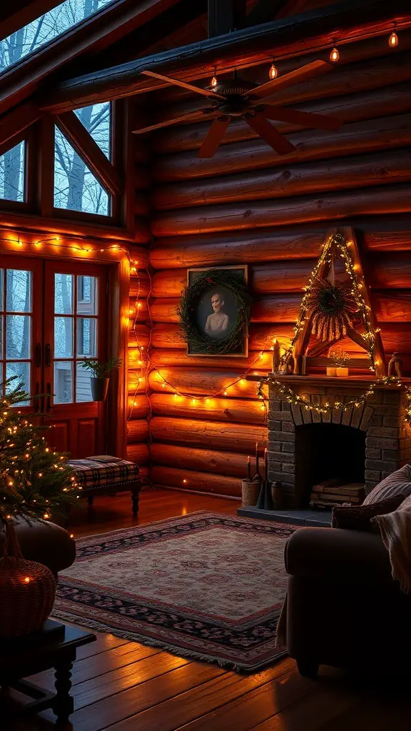 Cozy cabin interior decorated with warm fairy lights