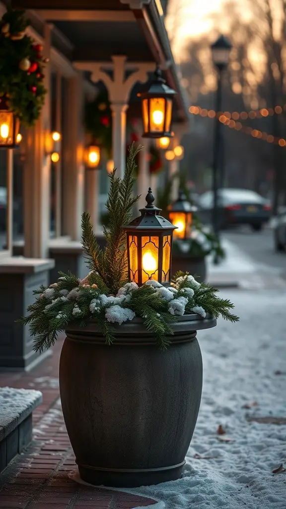 Outdoor planter with greenery and a glowing lantern, creating a warm holiday atmosphere.